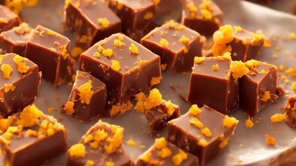 A close up of a piece of chocolate with orange pieces in a fantasy fudge recipe.	